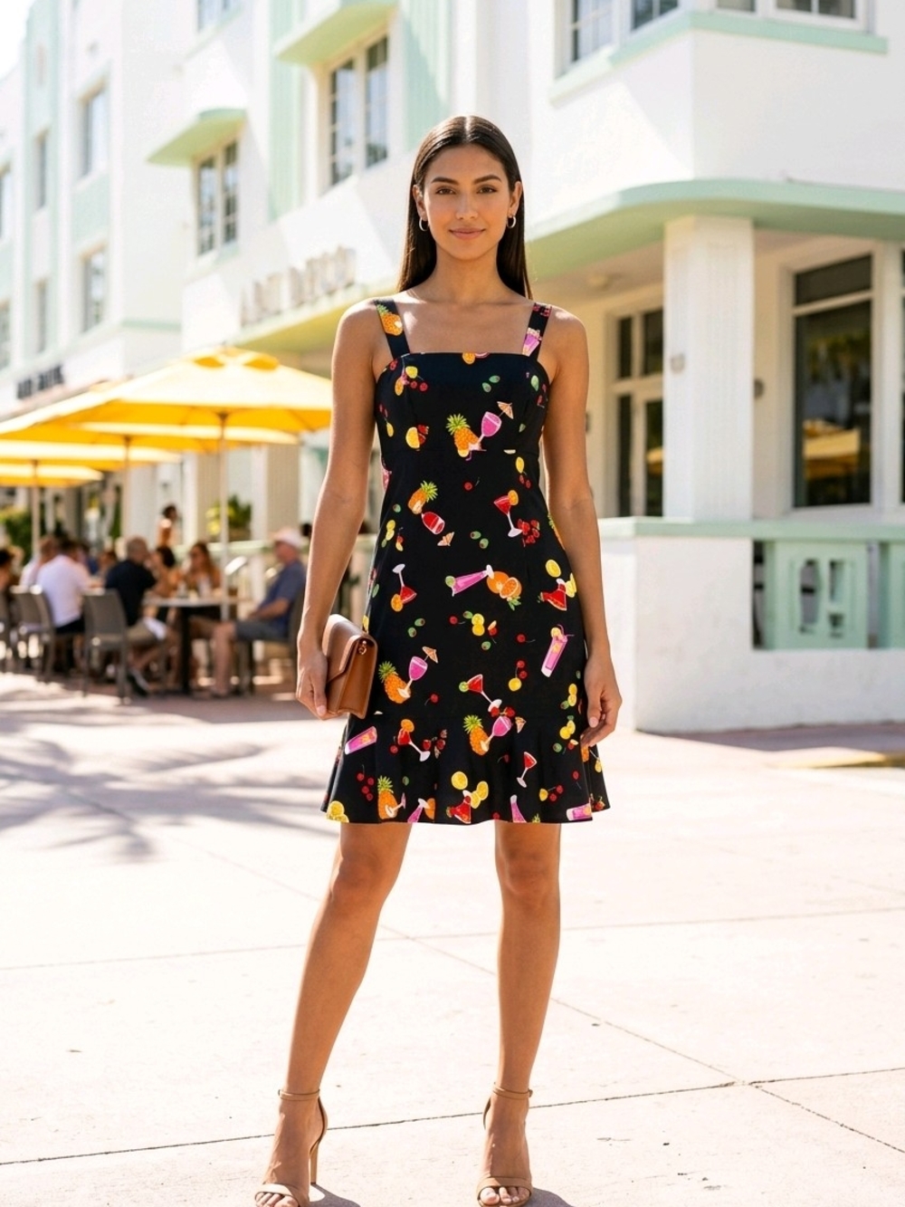 karin stevens Black Mini Dress with Yellow, Pink and Orange Fruit Motif